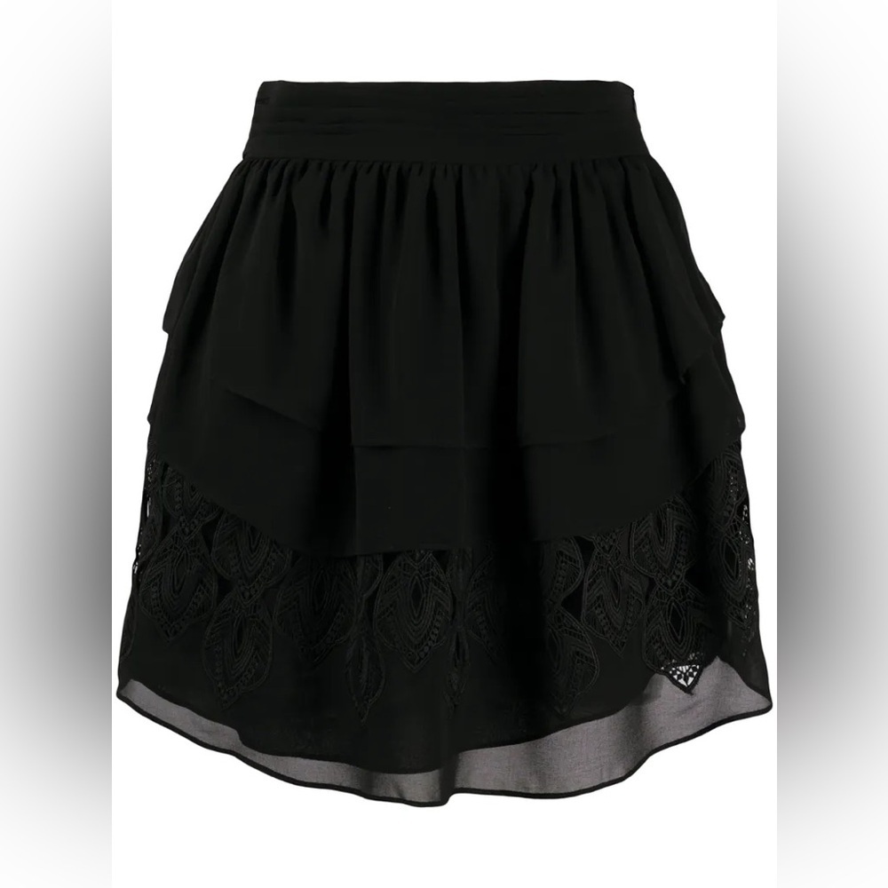 New IRO Paris Mugue Black Tiered Ruffle Mini Skirt Lace Embroidery